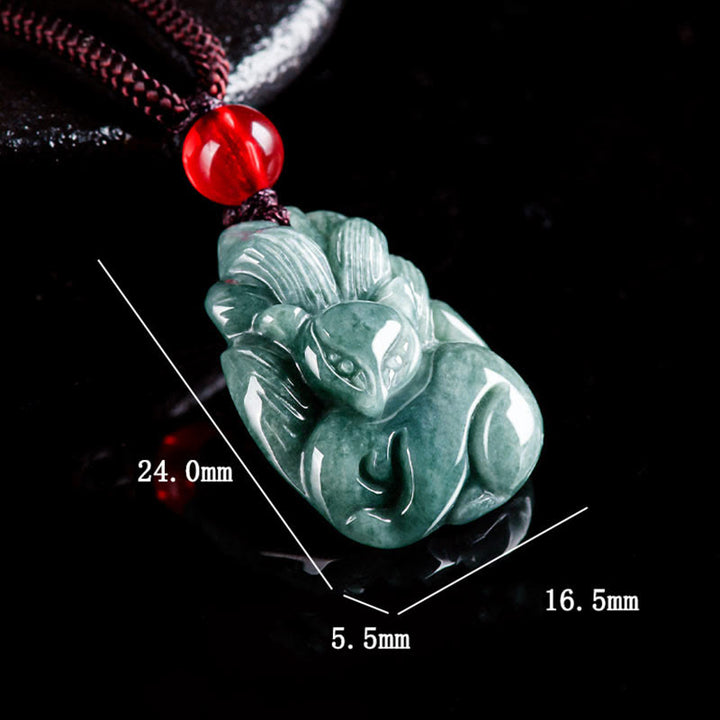 Buddha Stones Natural Green Jade Nine-Tailed Fox Engraved Prosperity Necklace Pendant