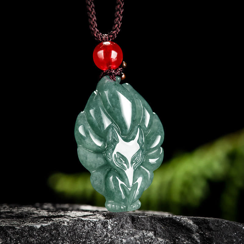 Buddha Stones Natural Green Jade Nine-Tailed Fox Luck Necklace Pendant