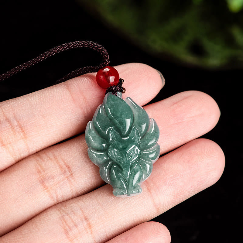 Buddha Stones Natural Green Jade Nine-Tailed Fox Luck Necklace Pendant