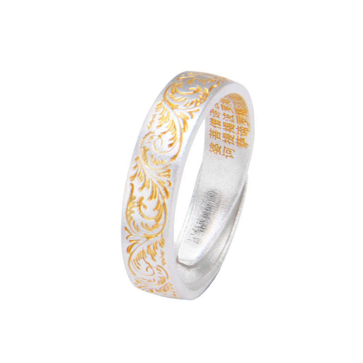 Buddha Stone 999 Sterling Silver Gold-Painted Joyful Flower Pattern Peaceful Heart Sutra Ring - Flower Pattern Heart Sutra - image 3
