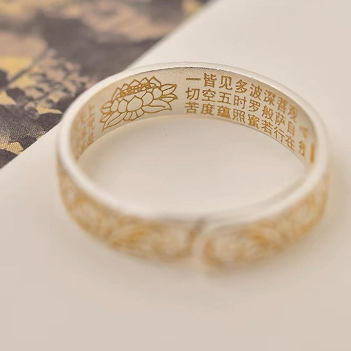 Buddha Stone 999 Sterling Silver Gold-Painted Joyful Flower Pattern Peaceful Heart Sutra Ring - image 14