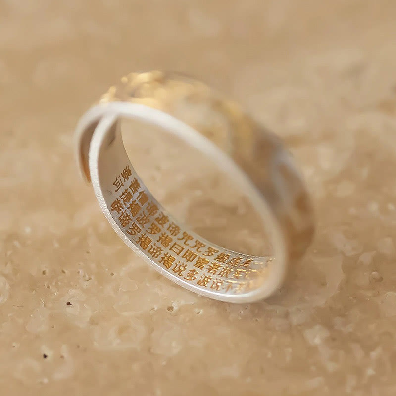 Buddha Stone 999 Sterling Silver Gold-Painted Joyful Flower Pattern Peaceful Heart Sutra Ring - image 2