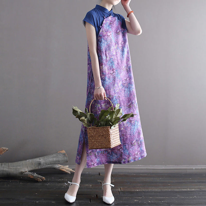 Buddha Stones Vintage Purple Flower Print Ramie Linen Cheongsam Midi Dress With Pockets