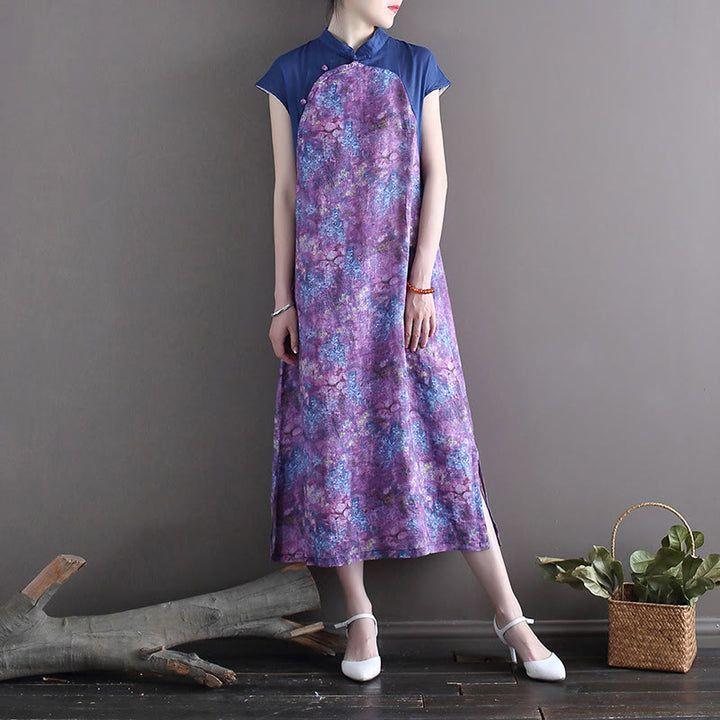 Buddha Stones Vintage Purple Flower Print Ramie Linen Cheongsam Midi Dress With Pockets