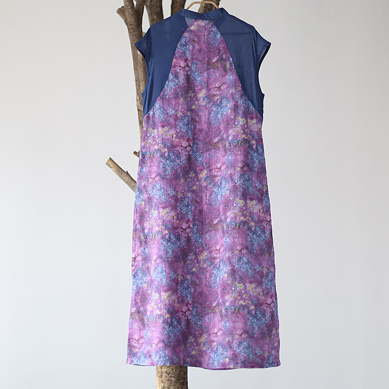 Buddha Stones Vintage Purple Flower Print Ramie Linen Cheongsam Midi Dress With Pockets