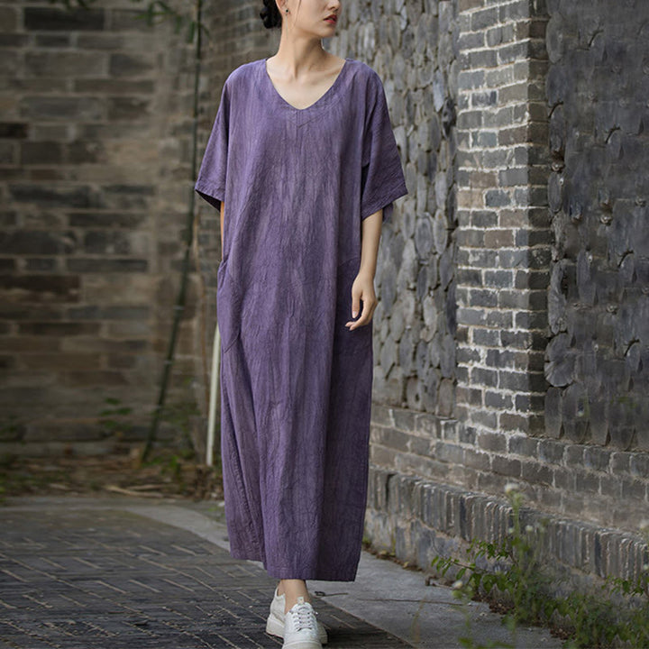 Buddha Stones Handmade Tie Dye V-Neck Ramie Linen Midi Dress With Pockets