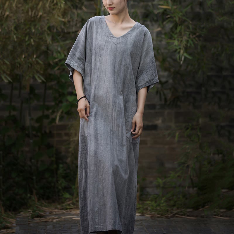 Buddha Stones Handmade Tie Dye V-Neck Ramie Linen Midi Dress With Pockets