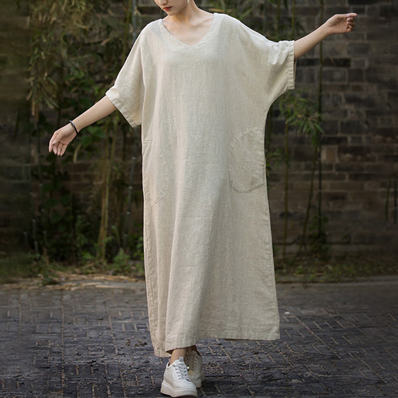 Buddha Stones Solid Color V-Neck Half Sleeve Ramie Linen Midi Dress With Pockets - image 1