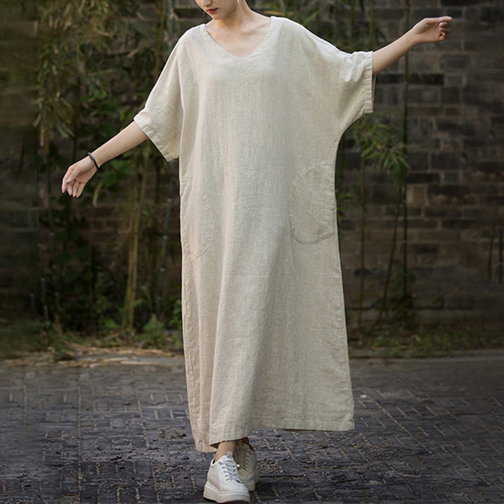 Buddha Stones Solid Color V-Neck Half Sleeve Ramie Linen Midi Dress With Pockets - image 1