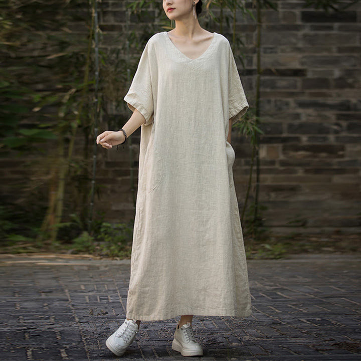 Buddha Stones Solid Color V-Neck Half Sleeve Ramie Linen Midi Dress With Pockets - image 8