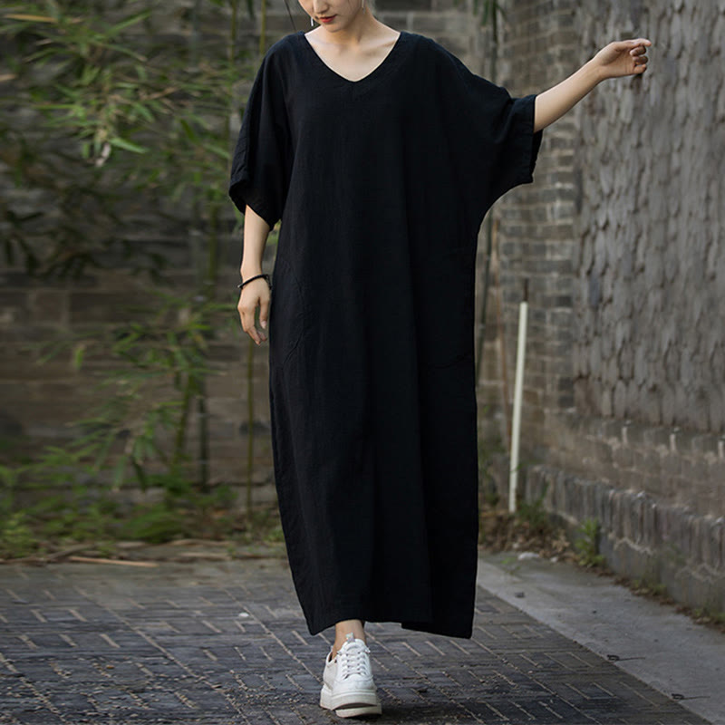 Buddha Stones Solid Color V-Neck Half Sleeve Ramie Linen Midi Dress With Pockets - image 11