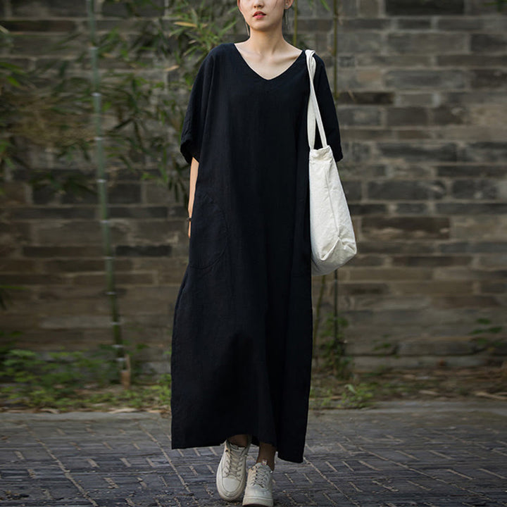 Buddha Stones Solid Color V-Neck Half Sleeve Ramie Linen Midi Dress With Pockets - Black - F(Fit for US4-14; UK/AU8-18; EU36-46) - image 10