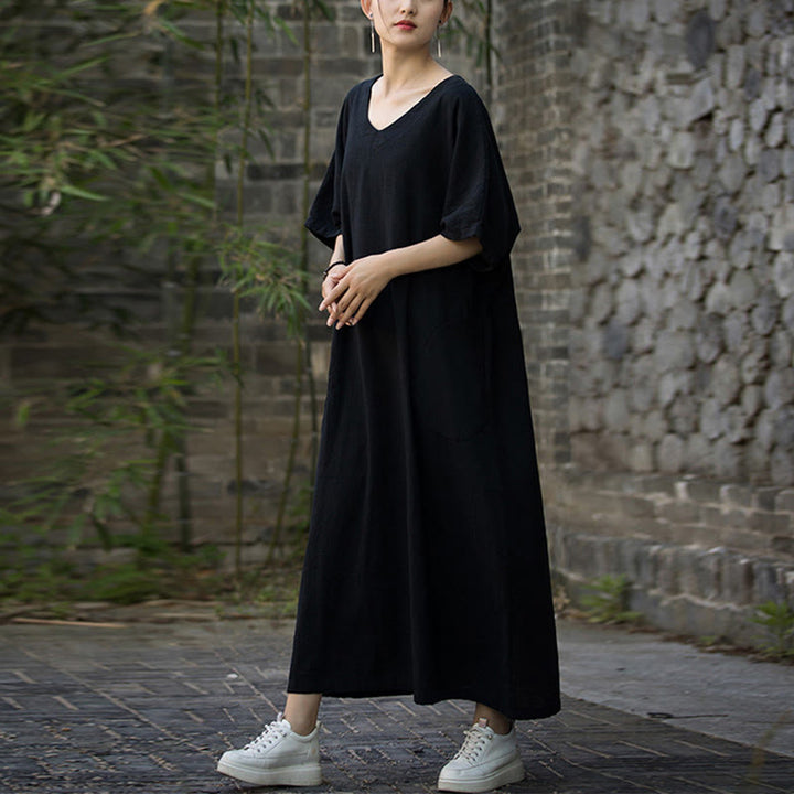 Buddha Stones Solid Color V-Neck Half Sleeve Ramie Linen Midi Dress With Pockets - image 14