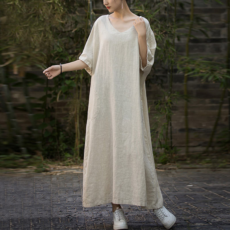 Buddha Stones Solid Color V-Neck Half Sleeve Ramie Linen Midi Dress With Pockets - image 9