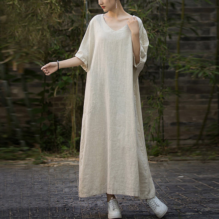 Buddha Stones Solid Color V-Neck Half Sleeve Ramie Linen Midi Dress With Pockets - image 9