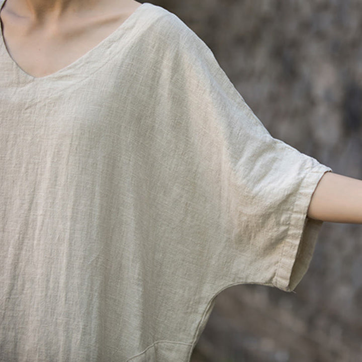 Buddha Stones Solid Color V-Neck Half Sleeve Ramie Linen Midi Dress With Pockets - image 3