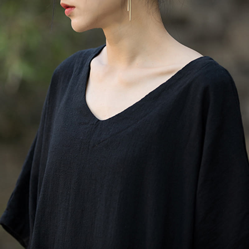 Buddha Stones Solid Color V-Neck Half Sleeve Ramie Linen Midi Dress With Pockets - image 15