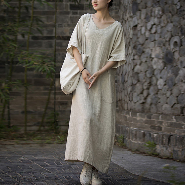 Buddha Stones Solid Color V-Neck Half Sleeve Ramie Linen Midi Dress With Pockets