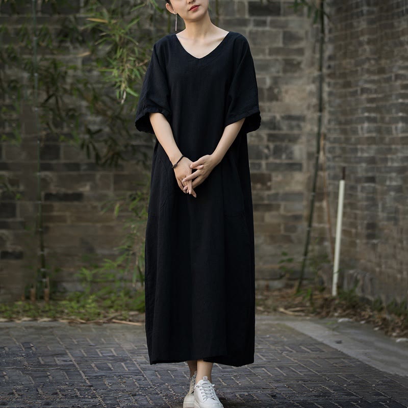 Buddha Stones Solid Color V-Neck Half Sleeve Ramie Linen Midi Dress With Pockets - image 18