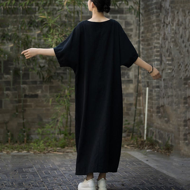 Buddha Stones Solid Color V-Neck Half Sleeve Ramie Linen Midi Dress With Pockets - image 12