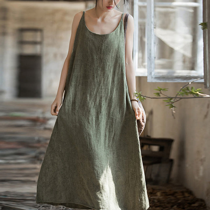 Buddha Stones Summer Spaghetti Strap Handmade Tie Dye Linen Midi Cami Dress