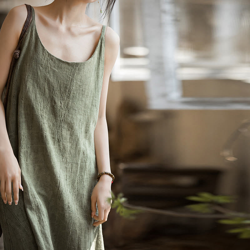 Buddha Stones Summer Spaghetti Strap Handmade Tie Dye Linen Midi Cami Dress - image 8