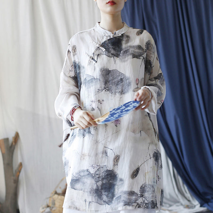 Buddha Stones Lotus Leaf Ink Painting Frog-Button Design Long Sleeve Ramie Linen Shirt With Pockets