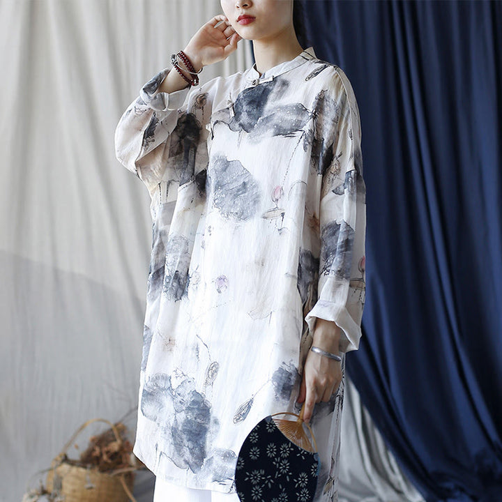 Buddha Stones Lotus Leaf Ink Painting Frog-Button Design Long Sleeve Ramie Linen Shirt With Pockets