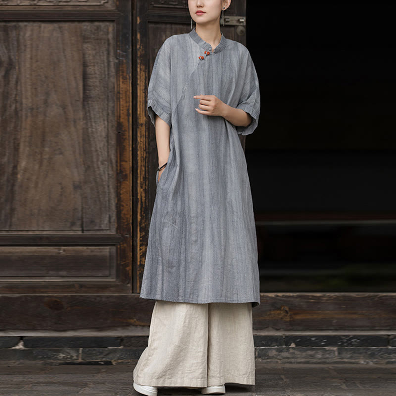 Buddha Stones Handmade Tie Dye Ramie Linen Midi Dress Wide Leg Pants With Pockets - Gray Dress&Khaki Pants - US4-6，UK/AU8-10，EU36-38 (F) - image 12