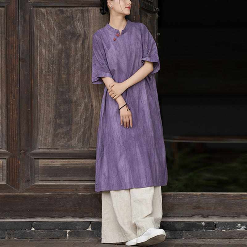 Buddha Stones Handmade Tie Dye Ramie Linen Midi Dress Wide Leg Pants With Pockets - Purple Dress&Khaki Pants - US4-6，UK/AU8-10，EU36-38 (F) - image 0