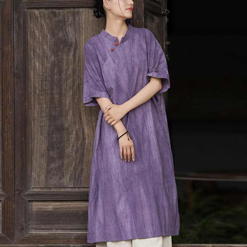 Buddha Stones Handmade Tie Dye Ramie Linen Midi Dress Wide Leg Pants With Pockets - Purple Dress(Dress Only) - US4-6，UK/AU8-10，EU36-38 (F) - image 1