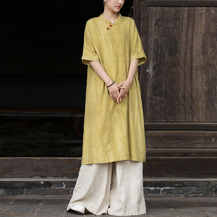 Buddha Stones Handmade Tie Dye Ramie Linen Midi Dress Wide Leg Pants With Pockets - Yellow Dress&Khaki Pants - US4-6，UK/AU8-10，EU36-38 (F) - image 5