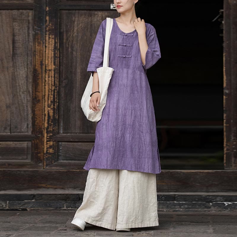 Buddha Stones Handmade Tie Dye Ramie Linen Frog-Button Midi Dress Wide Leg Pants With Pockets - Purple Dress&Khaki Pants - US4-8/10，UK/AU8-12/14，EU36-40/42 (F) - image 0