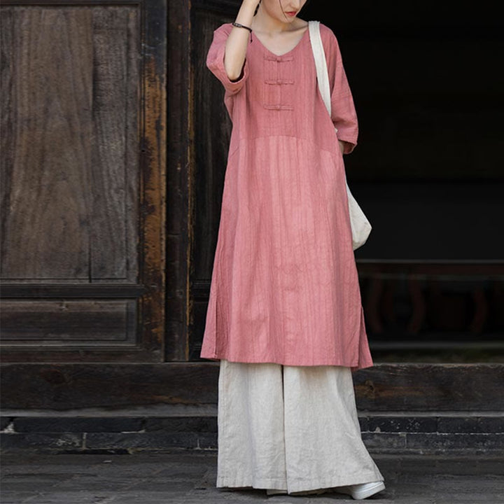 Buddha Stones Handmade Tie Dye Ramie Linen Frog-Button Midi Dress Wide Leg Pants With Pockets