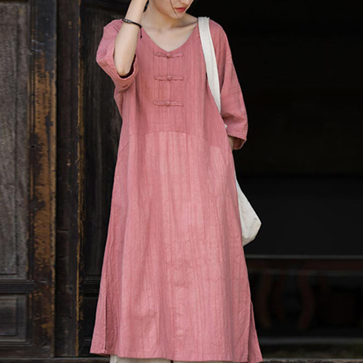 Buddha Stones Handmade Tie Dye Ramie Linen Frog-Button Midi Dress Wide Leg Pants With Pockets - Pink Dress(Dress Only) - US4-8/10，UK/AU8-12/14，EU36-40/42 (F) - image 19