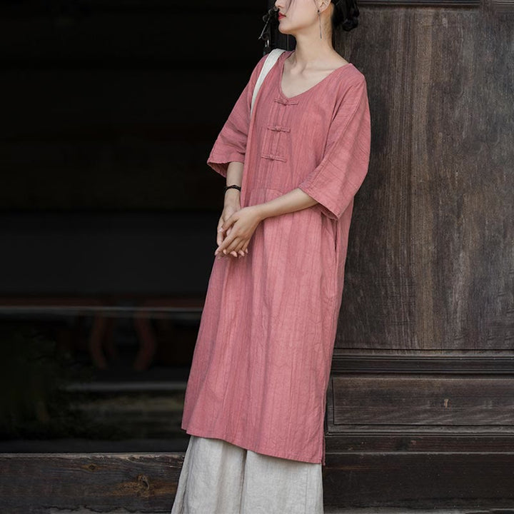 Buddha Stones Handmade Tie Dye Ramie Linen Frog-Button Midi Dress Wide Leg Pants With Pockets