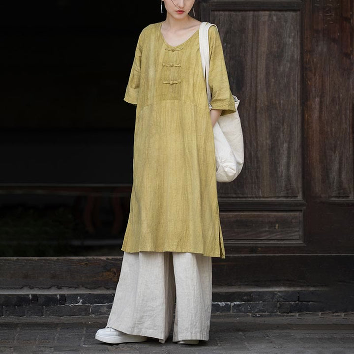 Buddha Stones Handmade Tie Dye Ramie Linen Frog-Button Midi Dress Wide Leg Pants With Pockets - image 27