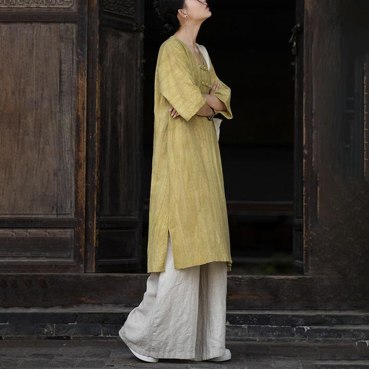 Buddha Stones Handmade Tie Dye Ramie Linen Frog-Button Midi Dress Wide Leg Pants With Pockets - image 25