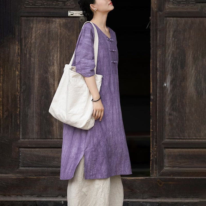 Buddha Stones Handmade Tie Dye Ramie Linen Frog-Button Midi Dress Wide Leg Pants With Pockets - image 8