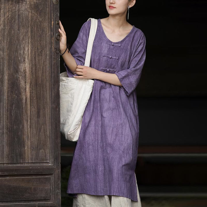 Buddha Stones Handmade Tie Dye Ramie Linen Frog-Button Midi Dress Wide Leg Pants With Pockets