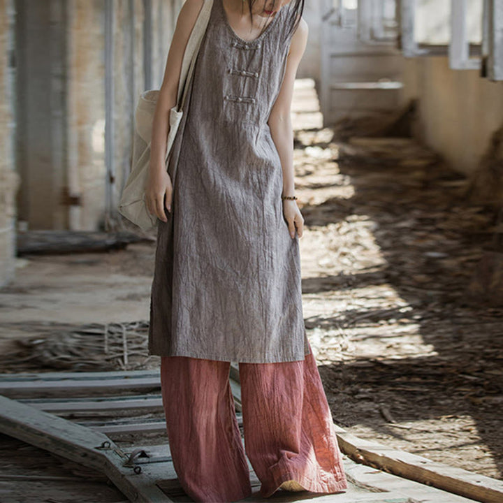 Buddha Stones Frog-Button Sleeveless Cami Midi Dress Ramie Linen Wide Leg Pants With Pockets