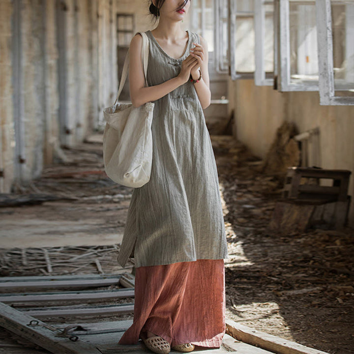 Buddha Stones Frog-Button Sleeveless Cami Midi Dress Ramie Linen Wide Leg Pants With Pockets - Linen Dress&Red Pants - US4-8/10，UK/AU8-12/14，EU36-40/42 (F) - image 11