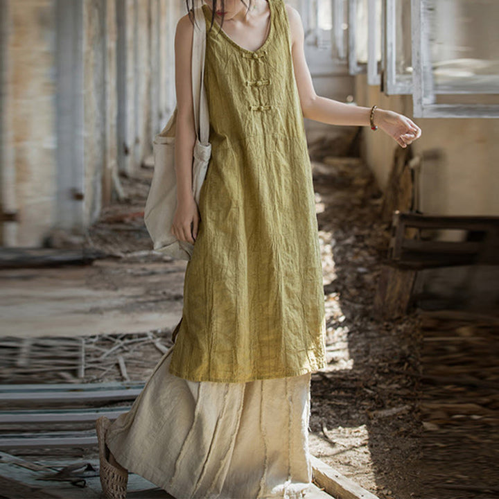 Buddha Stones Frog-Button Sleeveless Cami Midi Dress Ramie Linen Wide Leg Pants With Pockets - Yellow Dress&Beige Pants - US4-8/10，UK/AU8-12/14，EU36-40/42 (F) - image 0