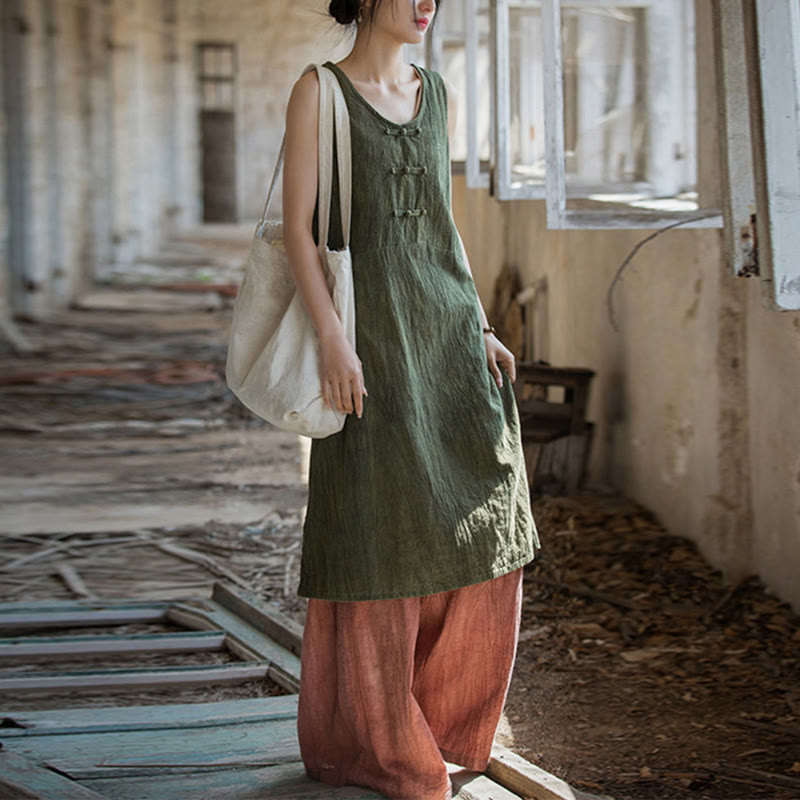 Buddha Stones Frog-Button Ramie Linen Women's Sleeveless Knee Length Dress With Pockets - DarkSeaGreen Dress&Red Pants - US4-8/10，UK/AU8-12/14，EU36-40/42 (F) - image 18