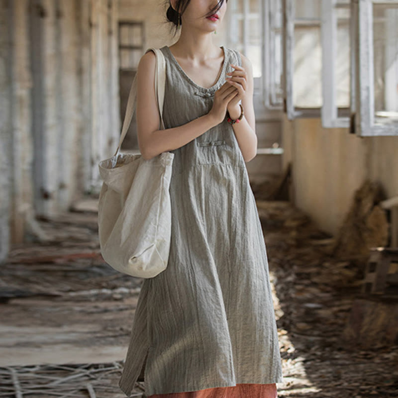 Buddha Stones Frog-Button Ramie Linen Women's Sleeveless Knee Length Dress With Pockets - Linen Dress(Dress Only) - US4-8/10，UK/AU8-12/14，EU36-40/42 (F) - image 14