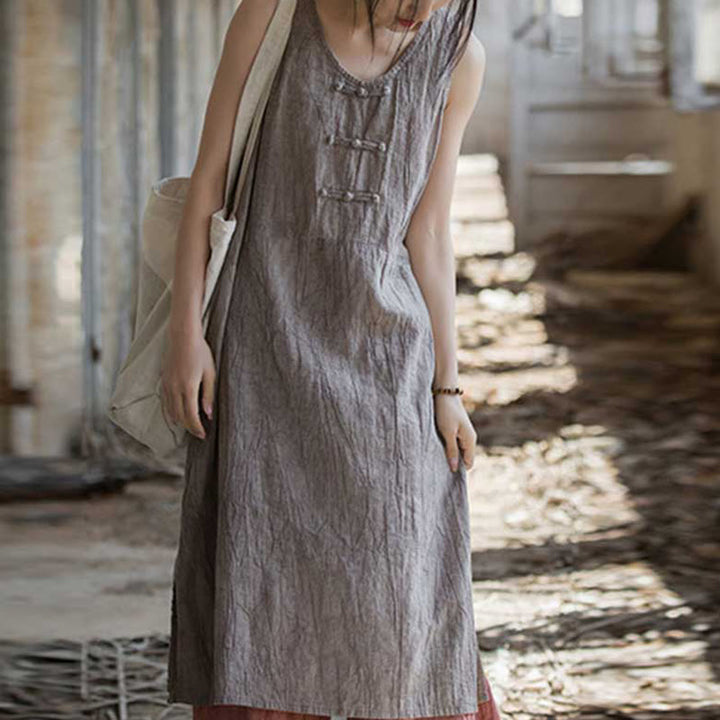 Buddha Stones Frog-Button Sleeveless Cami Midi Dress Ramie Linen Wide Leg Pants With Pockets