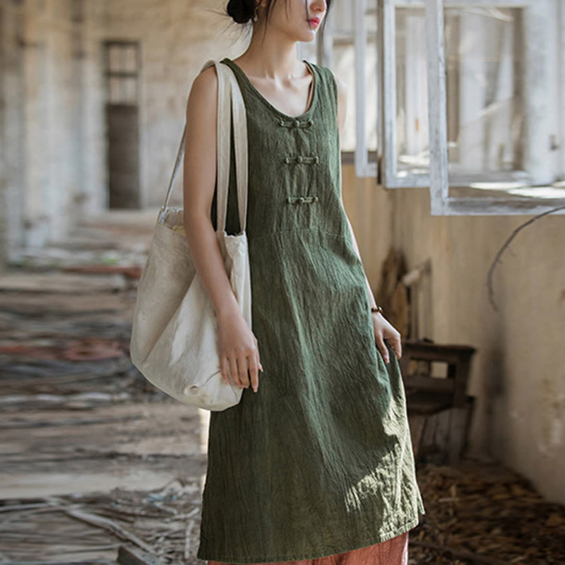 Buddha Stones Frog-Button Sleeveless Cami Midi Dress Ramie Linen Wide Leg Pants With Pockets - DarkSeaGreen Dress(Dress Only) - US4-8/10，UK/AU8-12/14，EU36-40/42 (F) - image 23