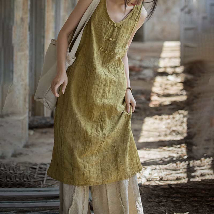 Buddha Stones Frog-Button Sleeveless Cami Midi Dress Ramie Linen Wide Leg Pants With Pockets