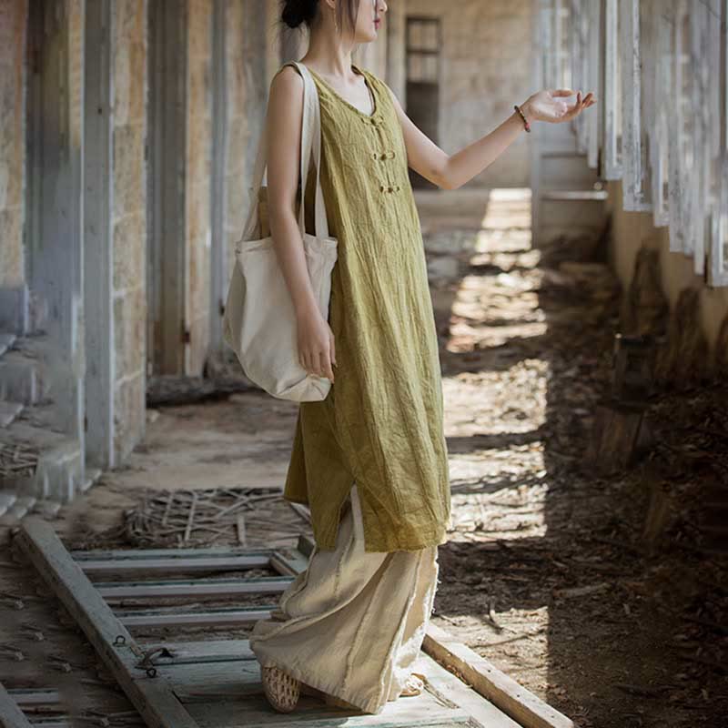 Buddha Stones Frog-Button Sleeveless Cami Midi Dress Ramie Linen Wide Leg Pants With Pockets