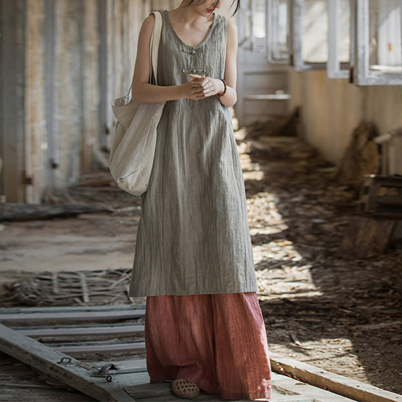 Buddha Stones Frog-Button Sleeveless Cami Midi Dress Ramie Linen Wide Leg Pants With Pockets